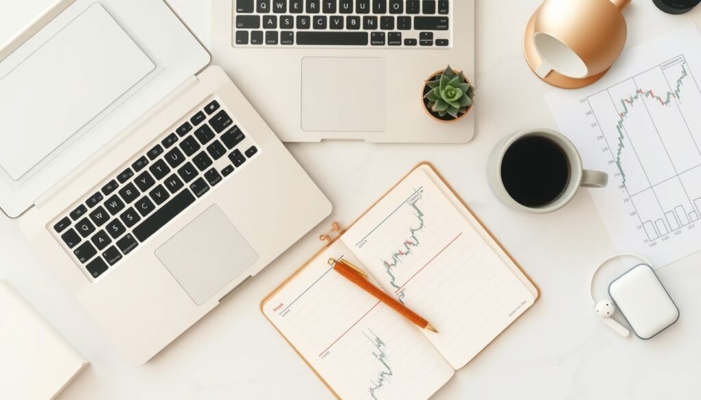 배당주 추천 - flat lay of stock market chart, dividend investment concept, financial documents and calculator on white desk