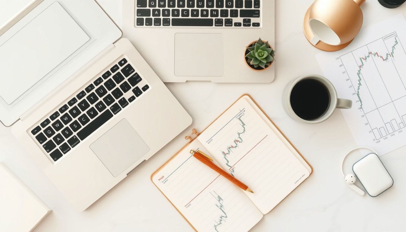 배당주 추천 - flat lay of stock market chart, dividend investment concept, financial documents and calculator on white desk
