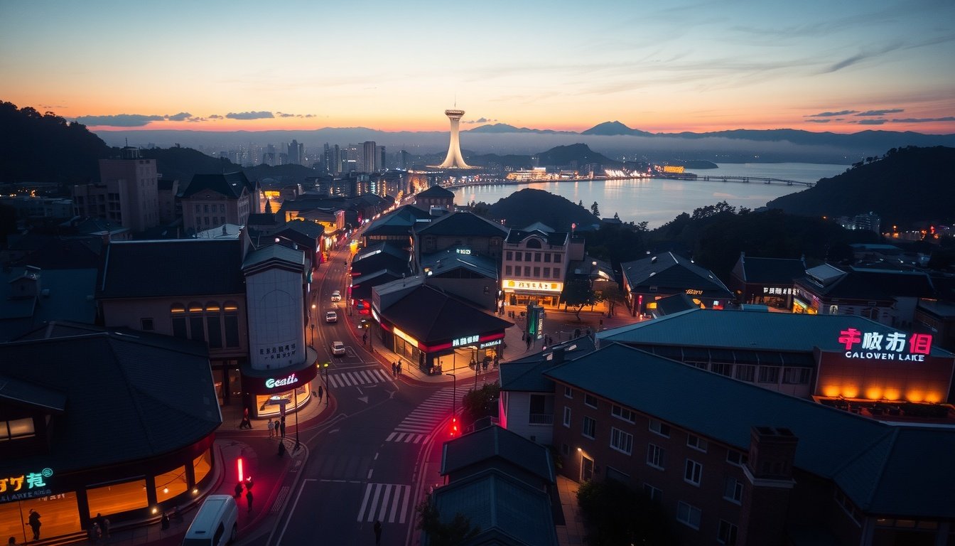 육동한 춘천시장 - aerial view of Chuncheon city downtown area with Soyang Lake in background, urban regeneration concept, vibrant street scene
