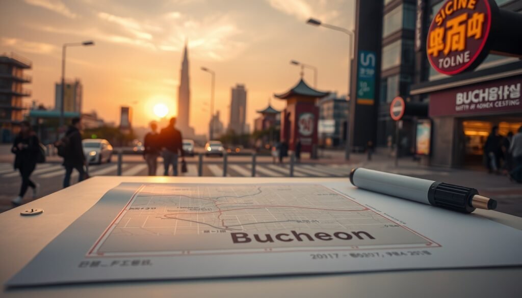 조용익 부천시장 - flat lay of Bucheon city map and policy documents on white desk, Bucheon mayor election campaign concept, overhead view