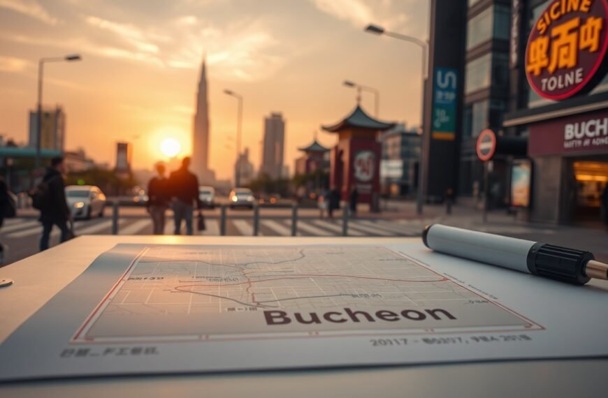 조용익 부천시장 - flat lay of Bucheon city map and policy documents on white desk, Bucheon mayor election campaign concept, overhead view
