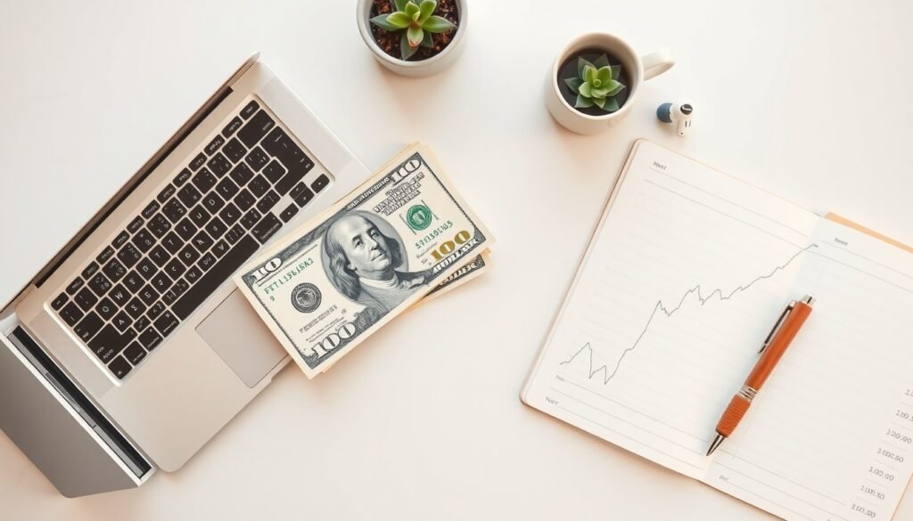 환율 전망 - flat lay of US dollar bills and Korean won on white desk with financial chart, exchange rate forecast concept