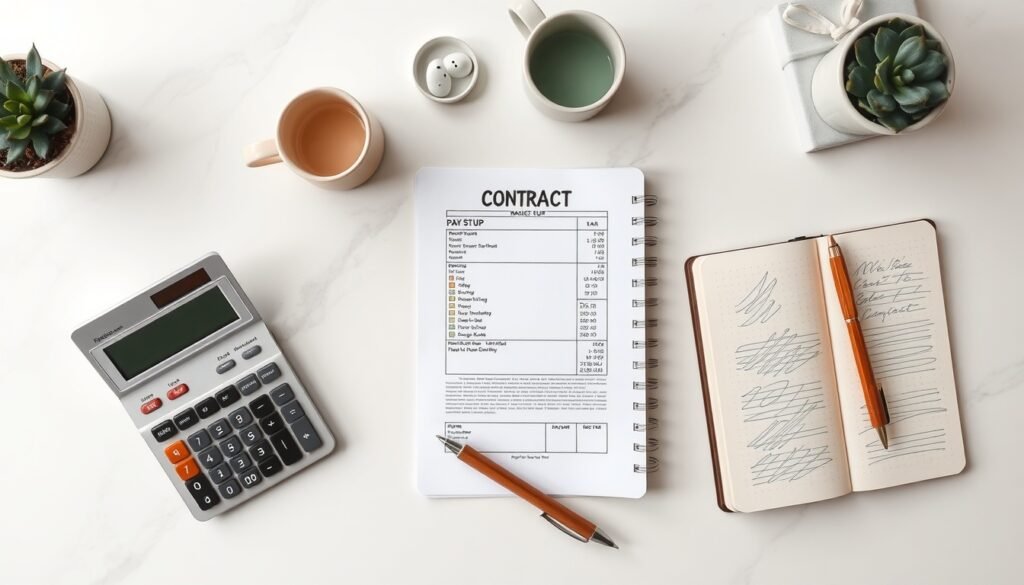퇴직금 계산 - flat lay of calculator, pay stub, and contract documents on white desk, retirement pay calculation concept
