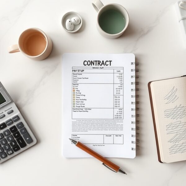 퇴직금 계산 - flat lay of calculator, pay stub, and contract documents on white desk, retirement pay calculation concept