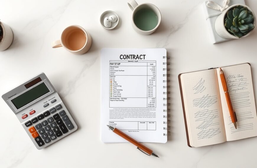 퇴직금 계산 - flat lay of calculator, pay stub, and contract documents on white desk, retirement pay calculation concept