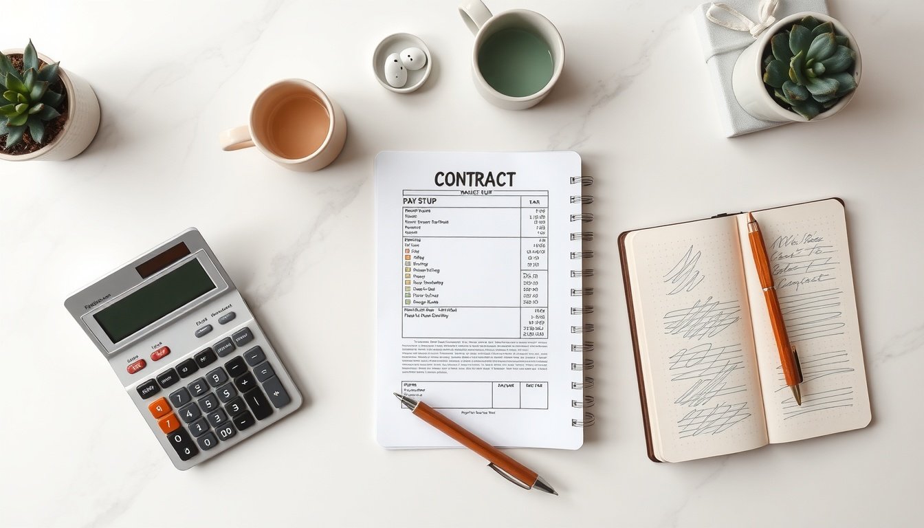 퇴직금 계산 - flat lay of calculator, pay stub, and contract documents on white desk, retirement pay calculation concept