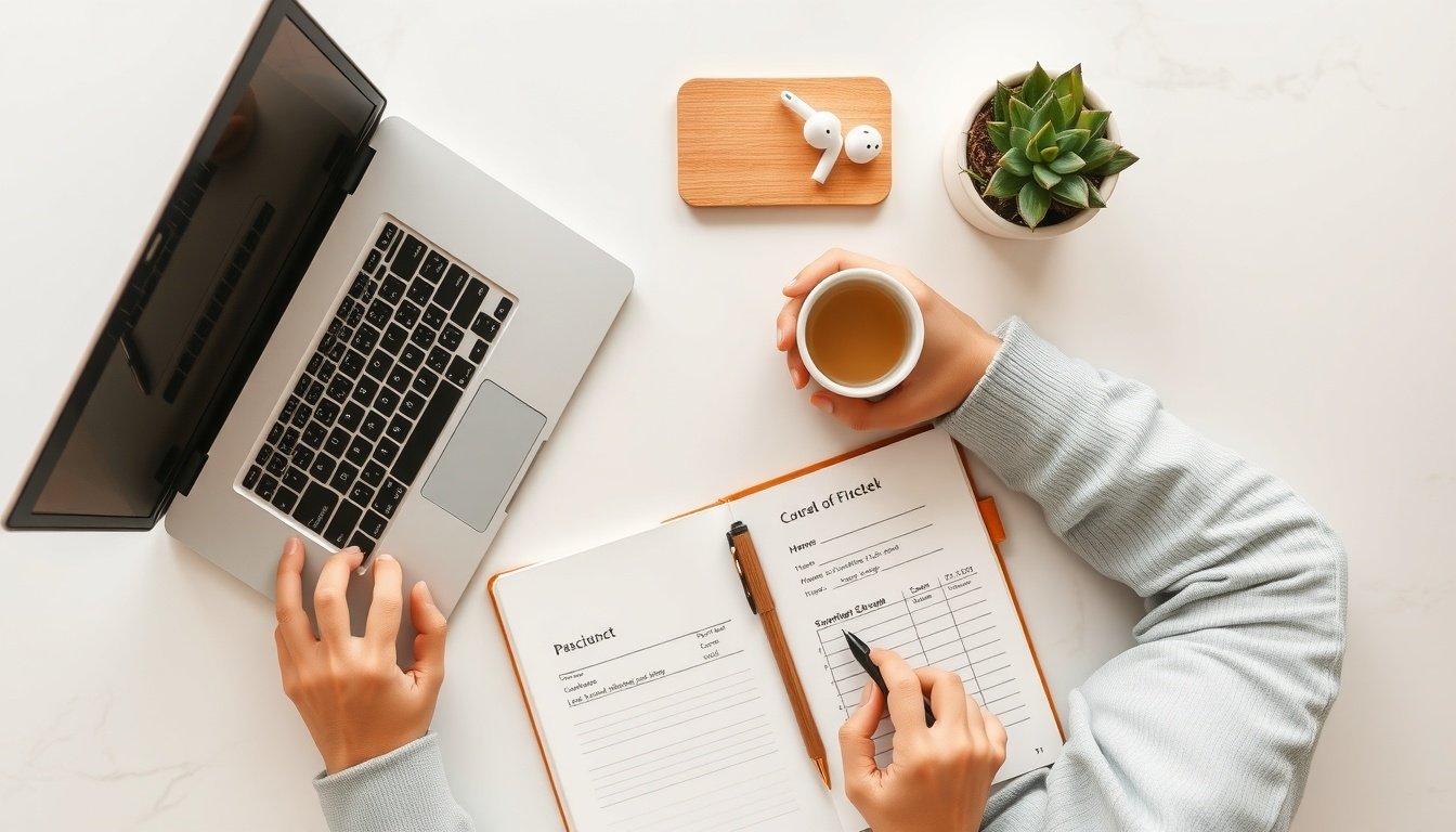 퇴직금 계산 - Korean male office worker upper body shot with face visible, reviewing paycheck and salary documents at desk, natural hands, retirement pay calculation