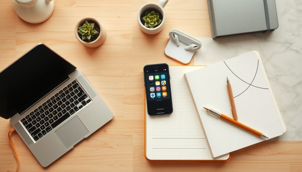 SNS 마케팅 - flat lay of smartphone showing social media icons on wooden desk, SNS marketing strategy concept 2026