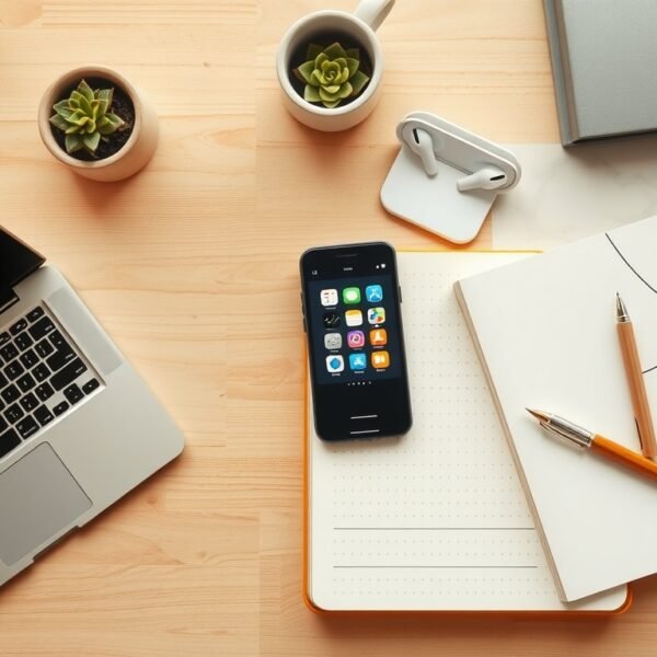 SNS 마케팅 - flat lay of smartphone showing social media icons on wooden desk, SNS marketing strategy concept 2026