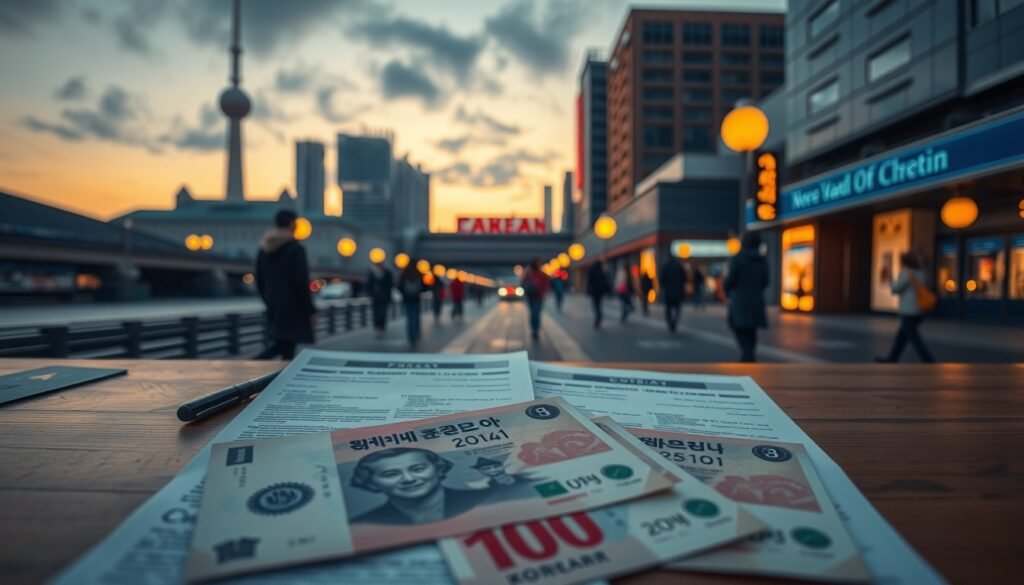 대전시 천억 - flat lay of government policy documents and Korean won currency on a desk, Daejeon city budget support concept