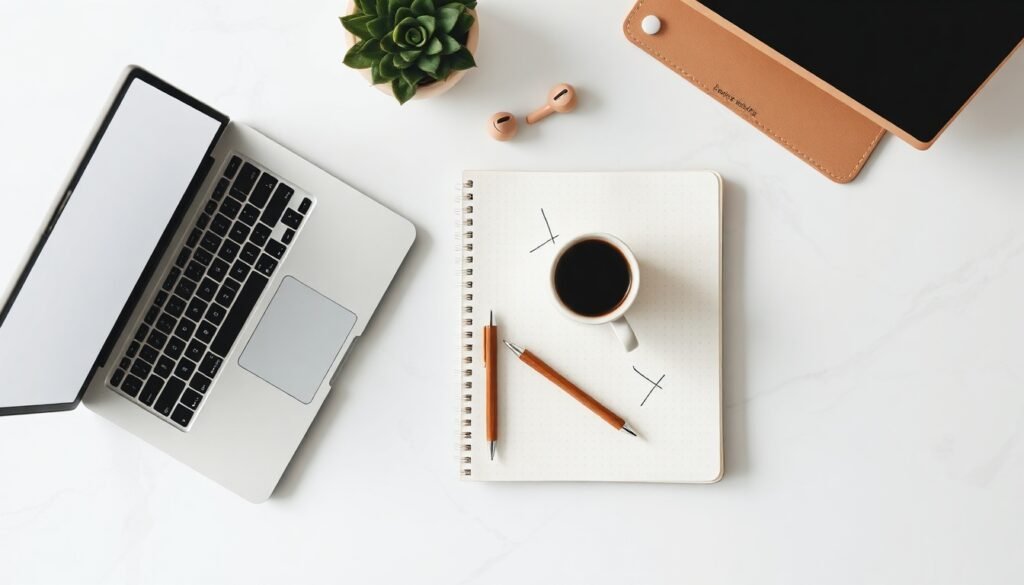 블로그 마케팅 - flat lay of laptop, notebook, and coffee cup on white desk, blog marketing strategy concept 2026