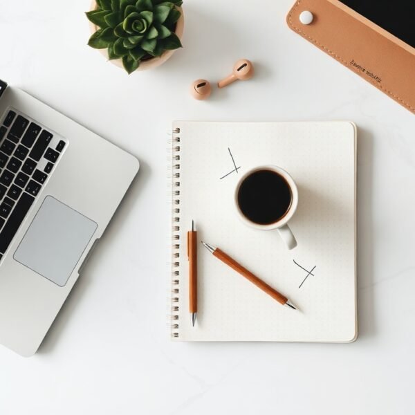 블로그 마케팅 - flat lay of laptop, notebook, and coffee cup on white desk, blog marketing strategy concept 2026