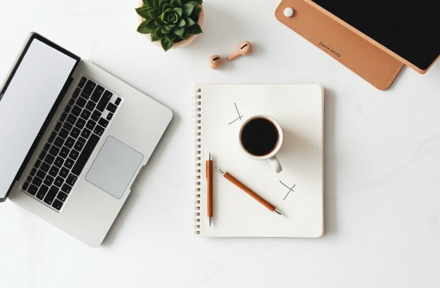 블로그 마케팅 - flat lay of laptop, notebook, and coffee cup on white desk, blog marketing strategy concept 2026