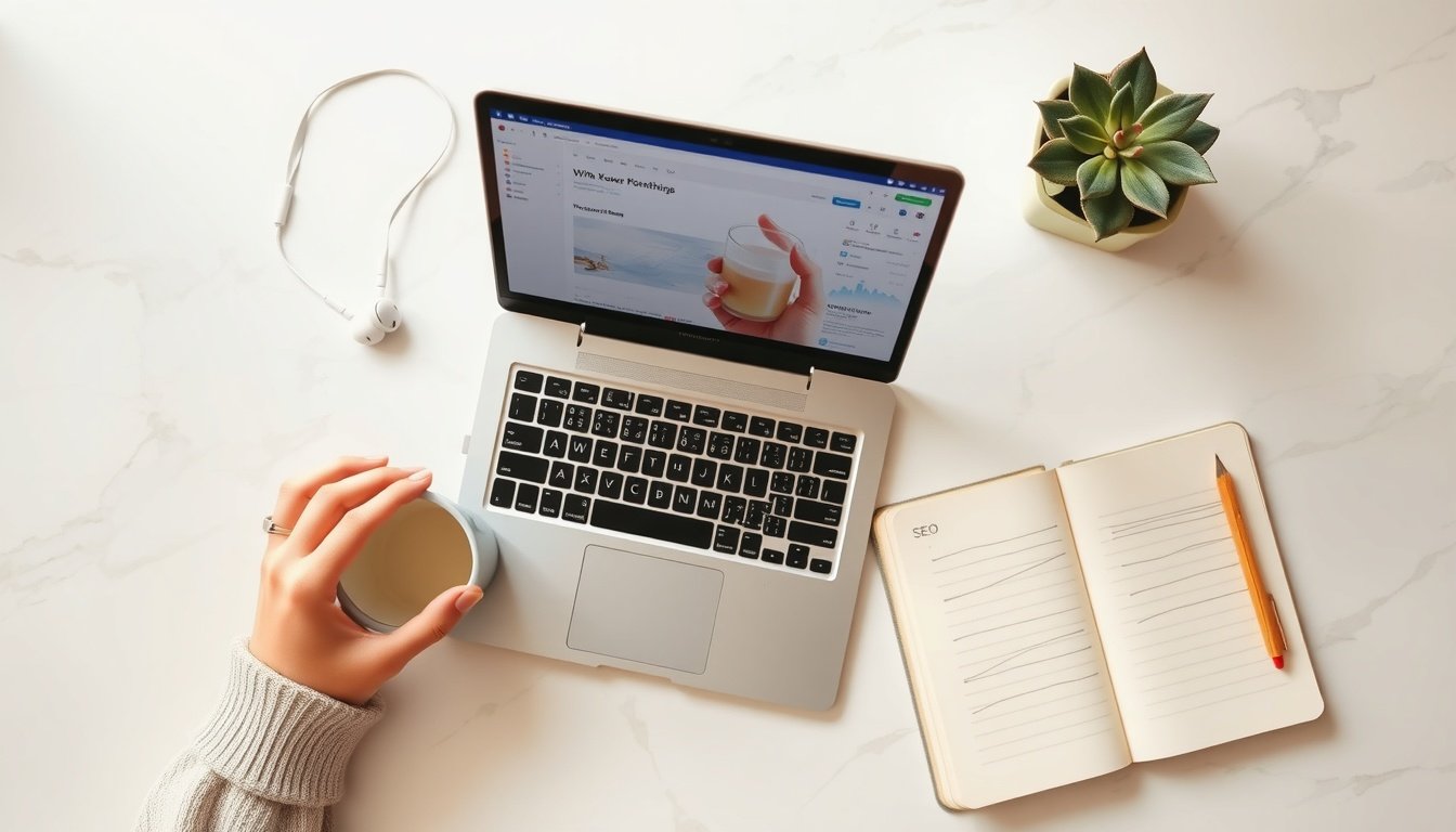 롱테일 키워드 - Korean blogger upper body shot with face visible, working on laptop showing SEO analytics dashboard, natural hands, bright home office