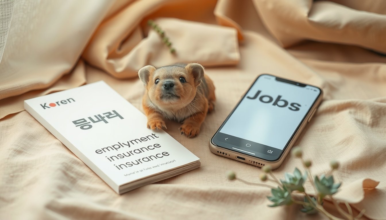 실업급여 신청 - flat lay of Korean employment insurance booklet, smartphone showing job search app, and notepad with pen on wooden desk, unemployment benefit application 2026