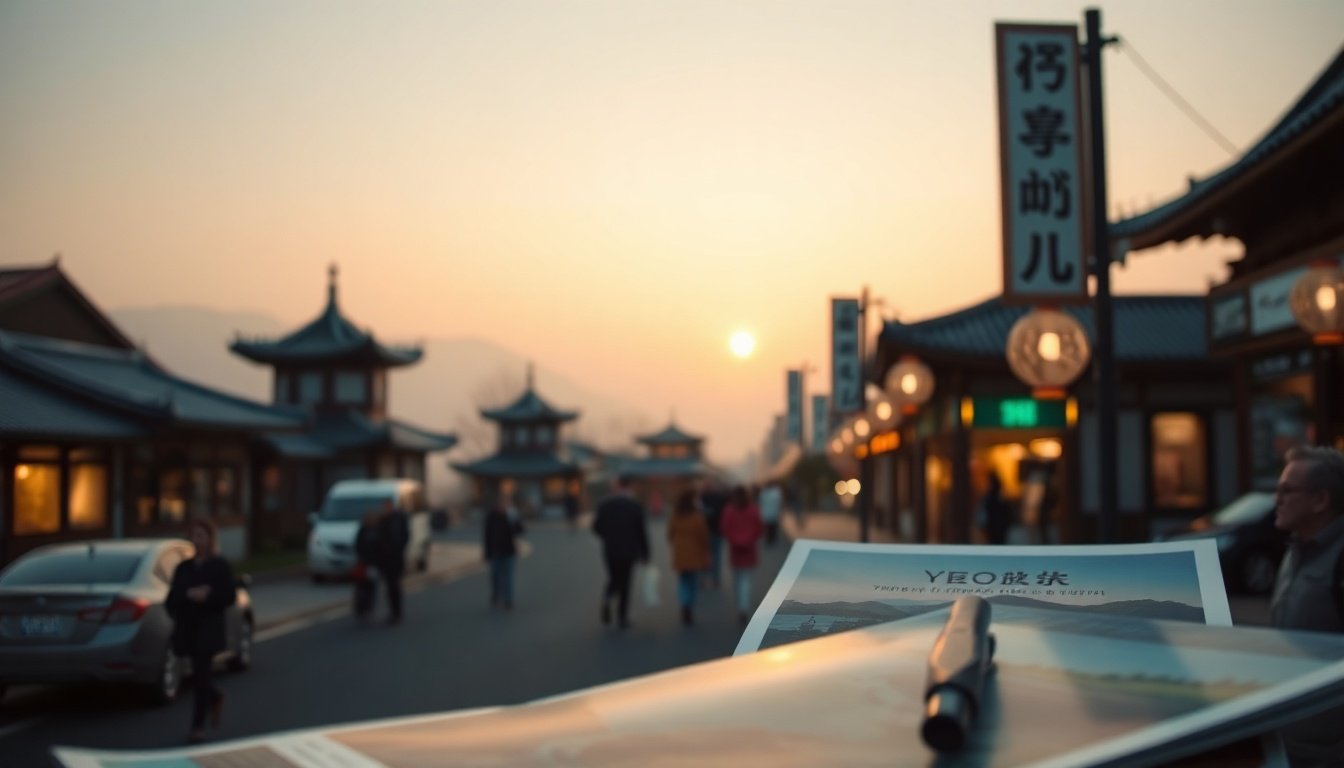 황병직 영주시장 - flat lay of Yeongju city tourism pamphlet, travel support documents and local specialty products on wooden desk, travel subsidy program concept