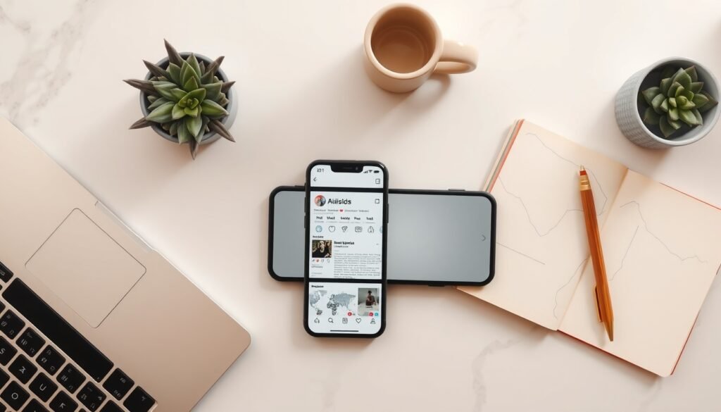 인스타 릴스 - flat lay of smartphone displaying Instagram Reels interface on white desk with notebook and pen, social media content creation concept