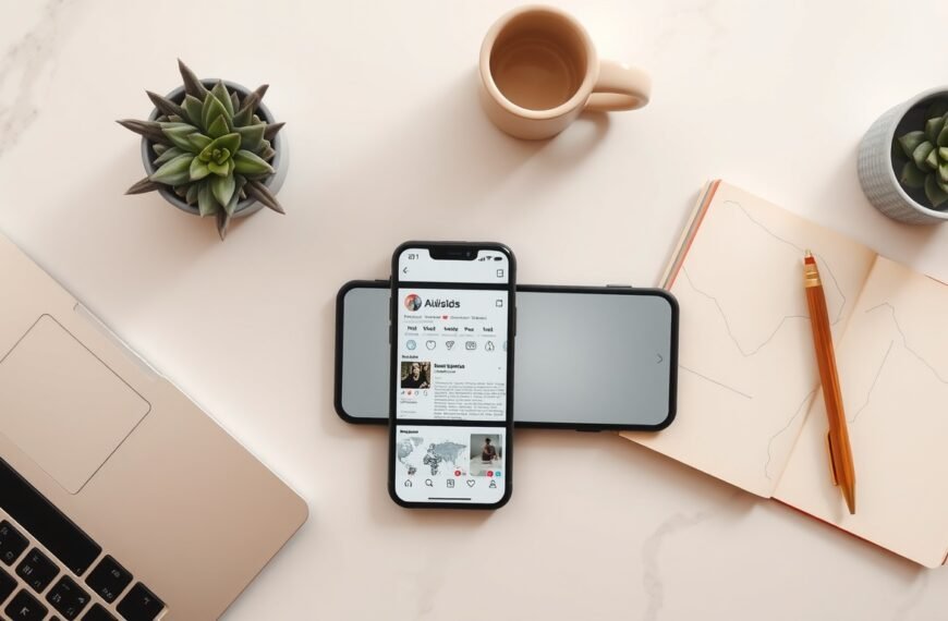 인스타 릴스 - flat lay of smartphone displaying Instagram Reels interface on white desk with notebook and pen, social media content creation concept