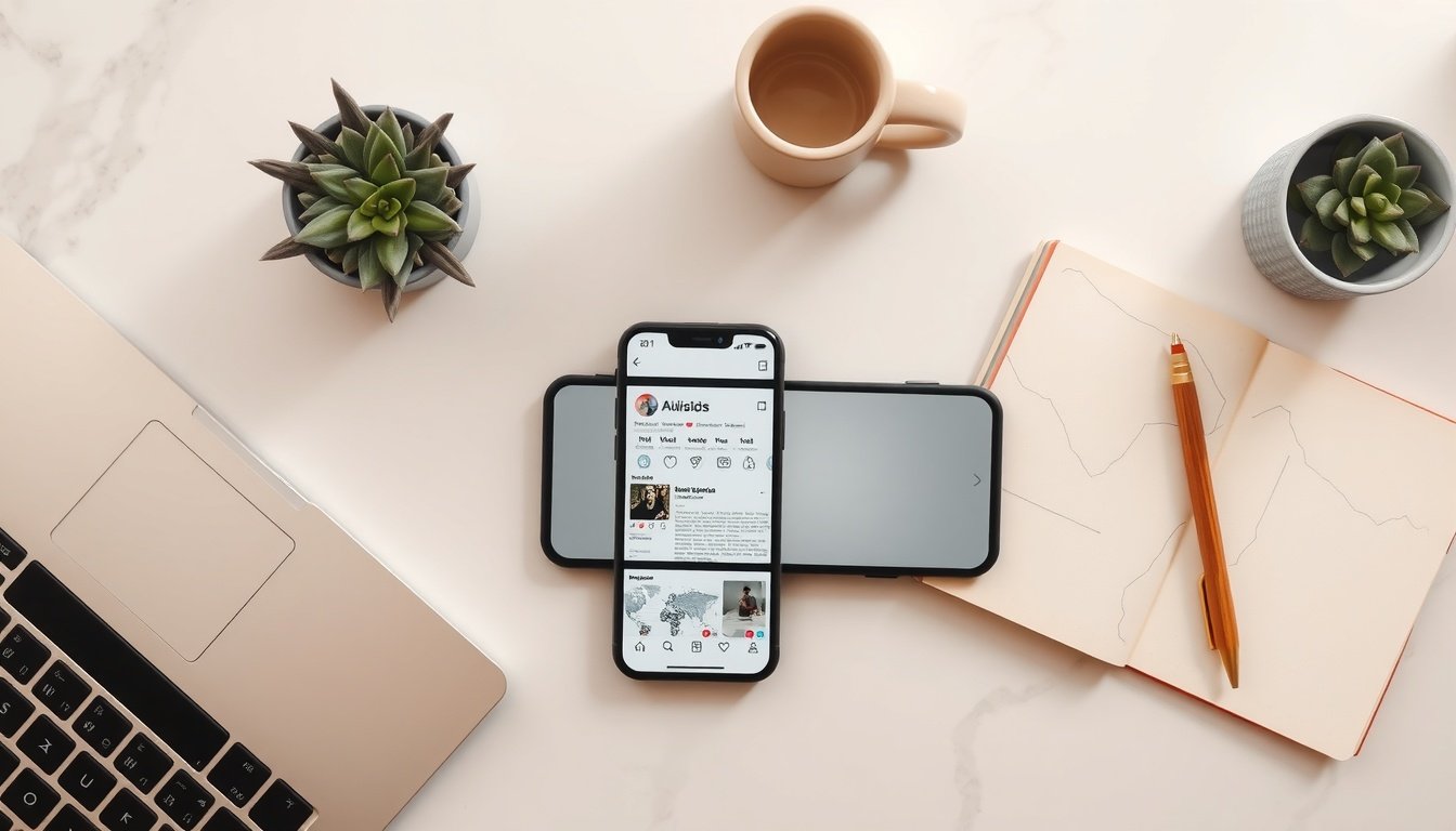 인스타 릴스 - flat lay of smartphone displaying Instagram Reels interface on white desk with notebook and pen, social media content creation concept