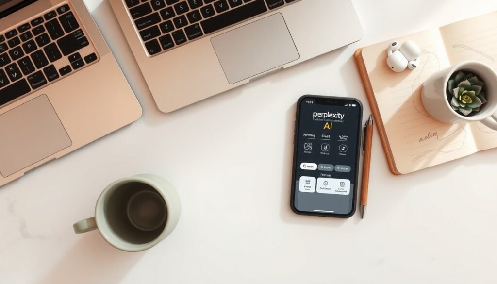 퍼플렉시티 - flat lay of smartphone showing Perplexity AI interface on white desk with notebook and pen, AI search engine concept