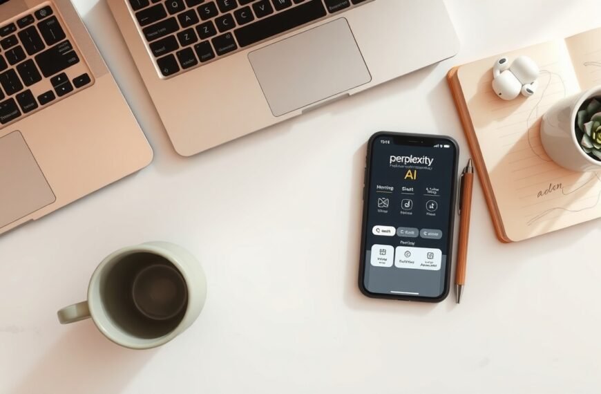 퍼플렉시티 - flat lay of smartphone showing Perplexity AI interface on white desk with notebook and pen, AI search engine concept