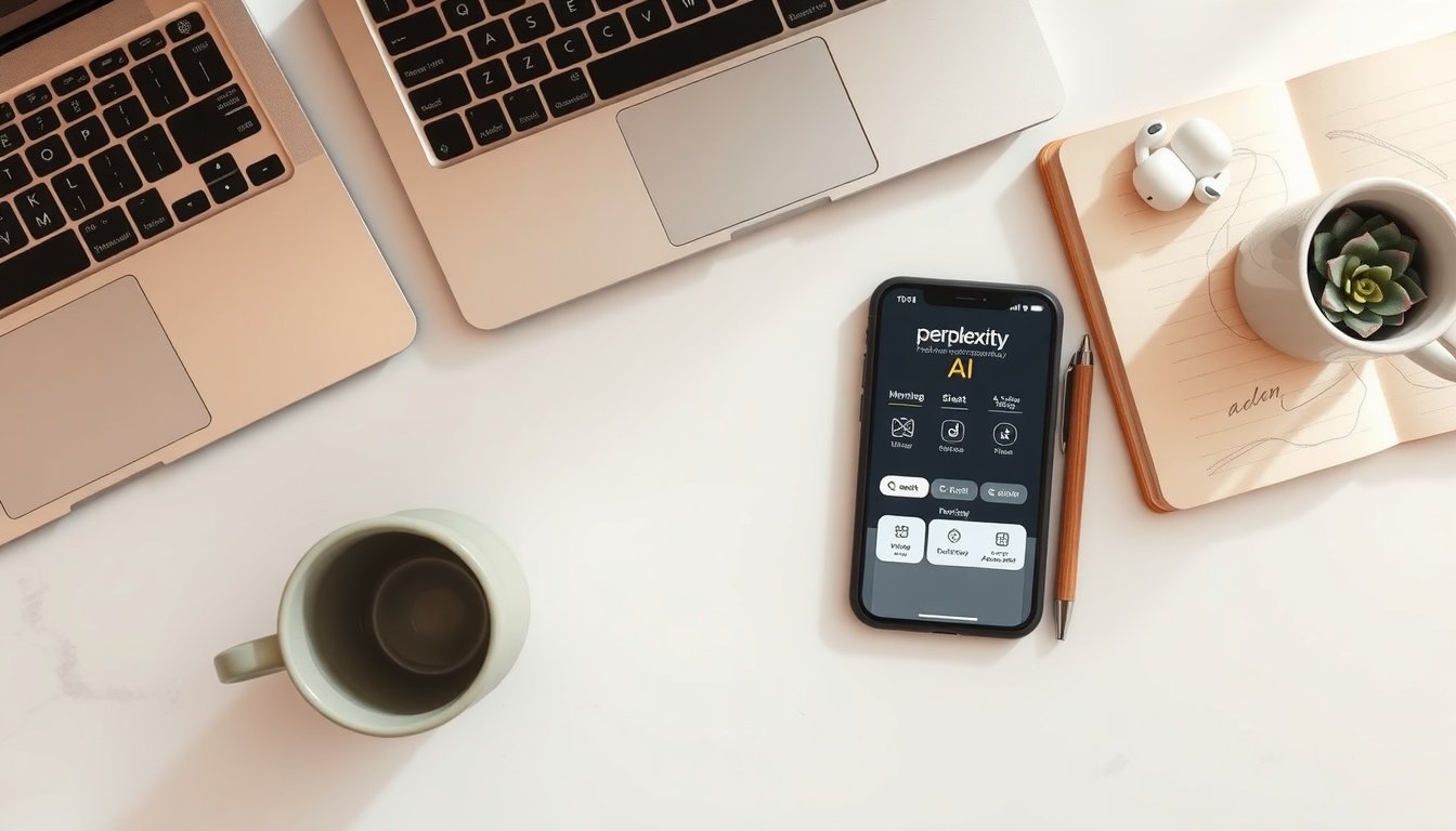 퍼플렉시티 - flat lay of smartphone showing Perplexity AI interface on white desk with notebook and pen, AI search engine concept