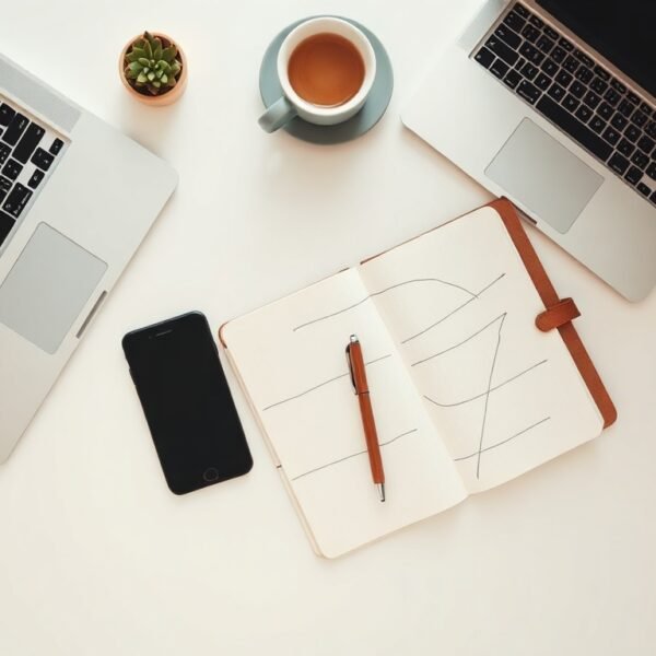 N잡러 - flat lay of smartphone, notebook, and laptop on white desk representing N-job side hustle strategy concept in Korea 2026