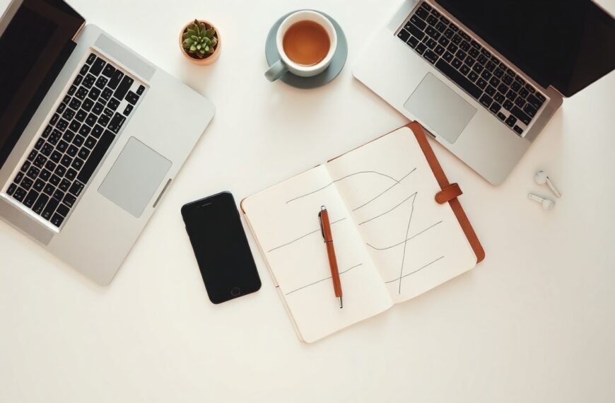 N잡러 - flat lay of smartphone, notebook, and laptop on white desk representing N-job side hustle strategy concept in Korea 2026