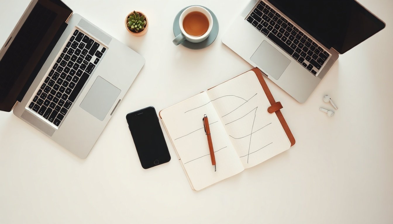 N잡러 - flat lay of smartphone, notebook, and laptop on white desk representing N-job side hustle strategy concept in Korea 2026