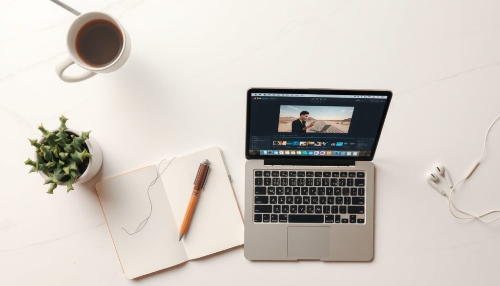 유튜브 편집 - flat lay of laptop showing video editing software timeline, youtube editing concept, overhead view on white desk