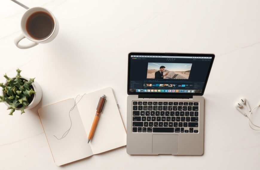 유튜브 편집 - flat lay of laptop showing video editing software timeline, youtube editing concept, overhead view on white desk