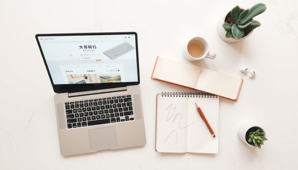 티스토리 블로그 - flat lay of laptop and notebook on white desk with korean blog dashboard on screen, tistory blog monetization concept