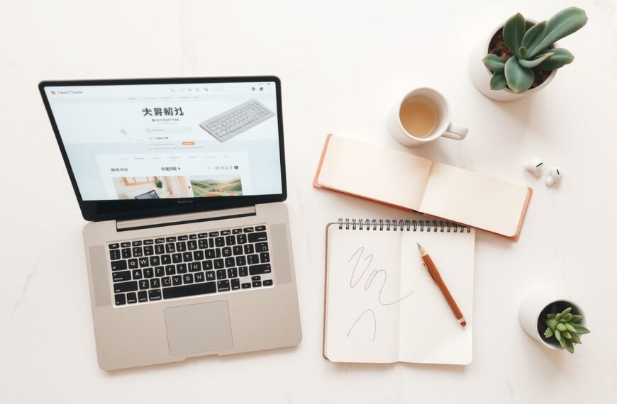 티스토리 블로그 - flat lay of laptop and notebook on white desk with korean blog dashboard on screen, tistory blog monetization concept