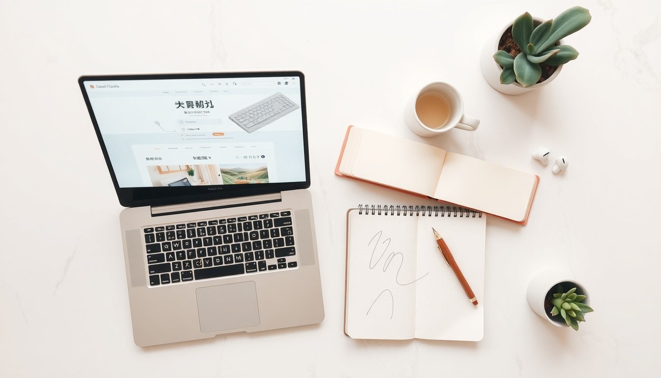 티스토리 블로그 - flat lay of laptop and notebook on white desk with korean blog dashboard on screen, tistory blog monetization concept