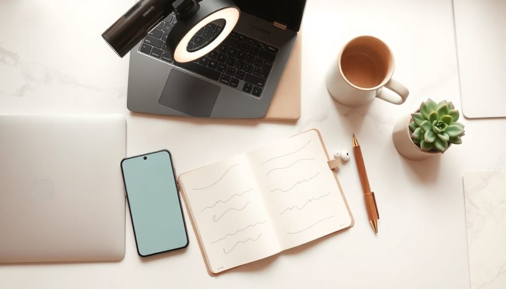 유튜브 시작하기 - flat lay of smartphone, ring light, and notebook on white desk, youtube channel start concept for beginners