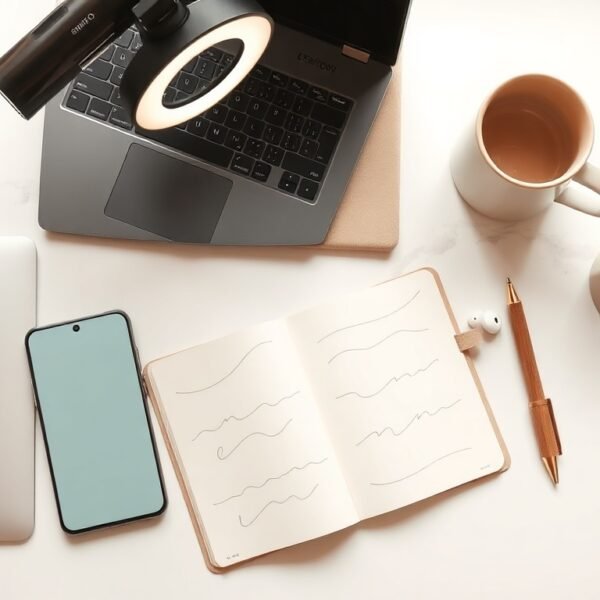 유튜브 시작하기 - flat lay of smartphone, ring light, and notebook on white desk, youtube channel start concept for beginners