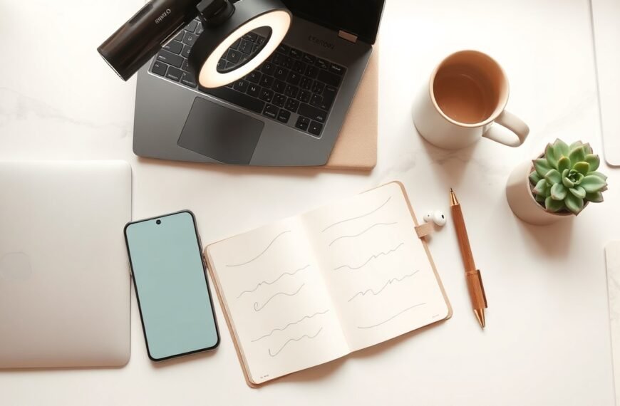 유튜브 시작하기 - flat lay of smartphone, ring light, and notebook on white desk, youtube channel start concept for beginners