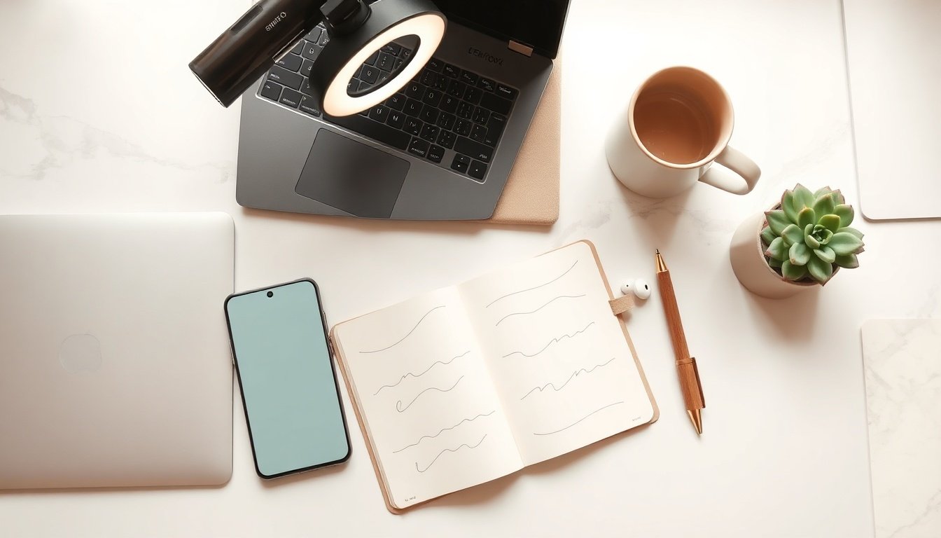 유튜브 시작하기 - flat lay of smartphone, ring light, and notebook on white desk, youtube channel start concept for beginners