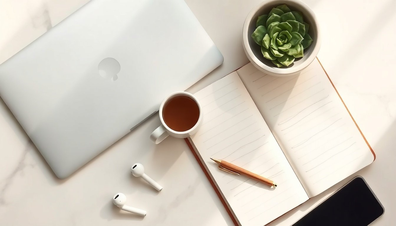 네이버 인플루언서 - Korean woman upper body shot with face visible, writing blog content on laptop in bright home office, natural hands, Naver influencer content creation