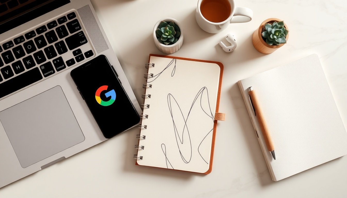 구글 AI - flat lay of Google AI Gemini logo on smartphone screen with notebook, pen, and coffee on wooden desk, productivity concept overhead view