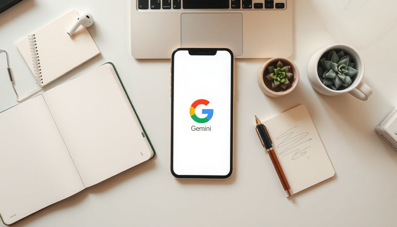 제미나이 AI - flat lay of Google Gemini AI logo on smartphone screen surrounded by productivity tools like planner and pen on clean desk, AI technology concept