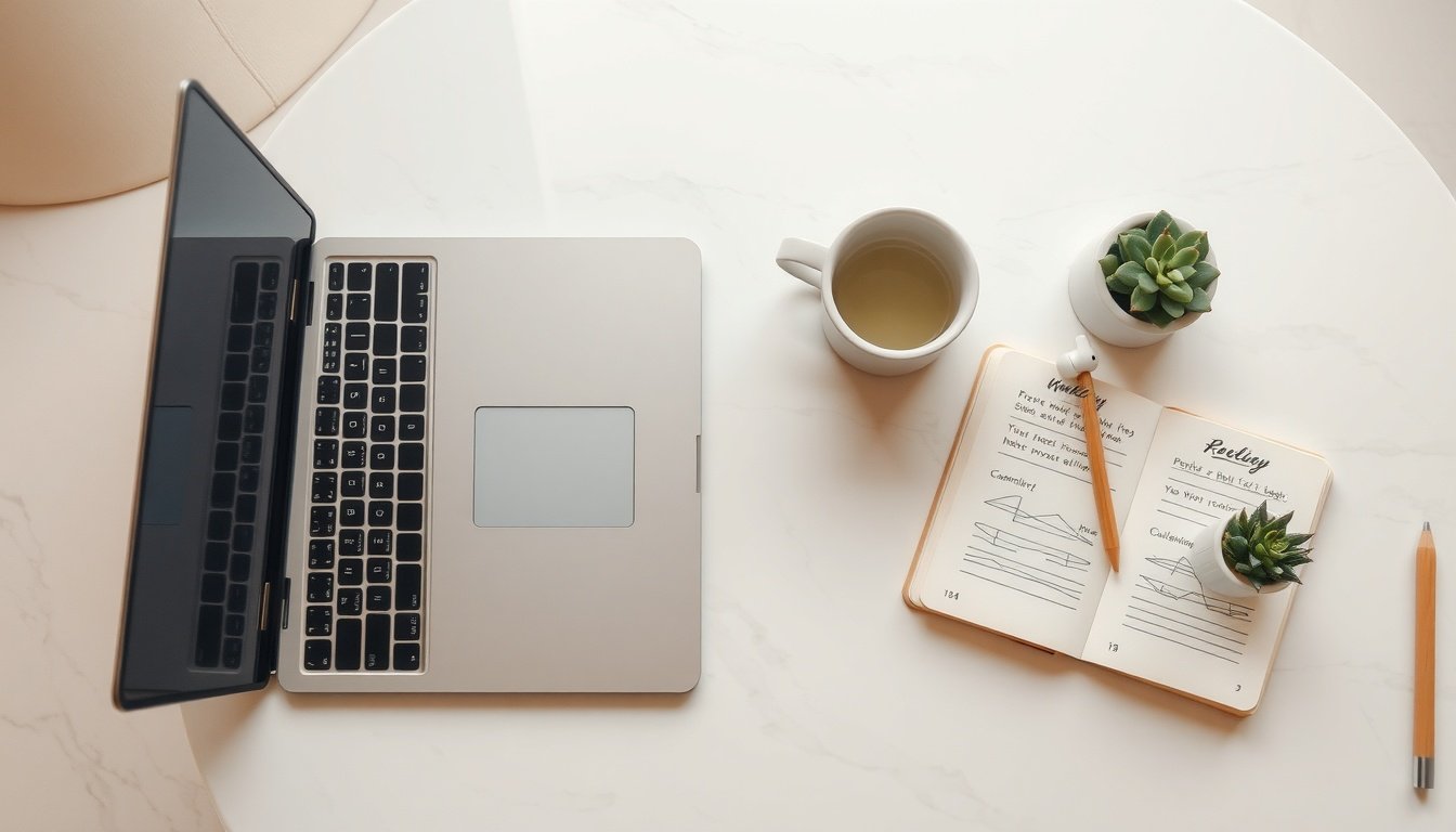 퍼플렉시티 - Korean man upper body shot with face visible, using Perplexity AI on laptop screen in modern office, natural hands, professional work environment