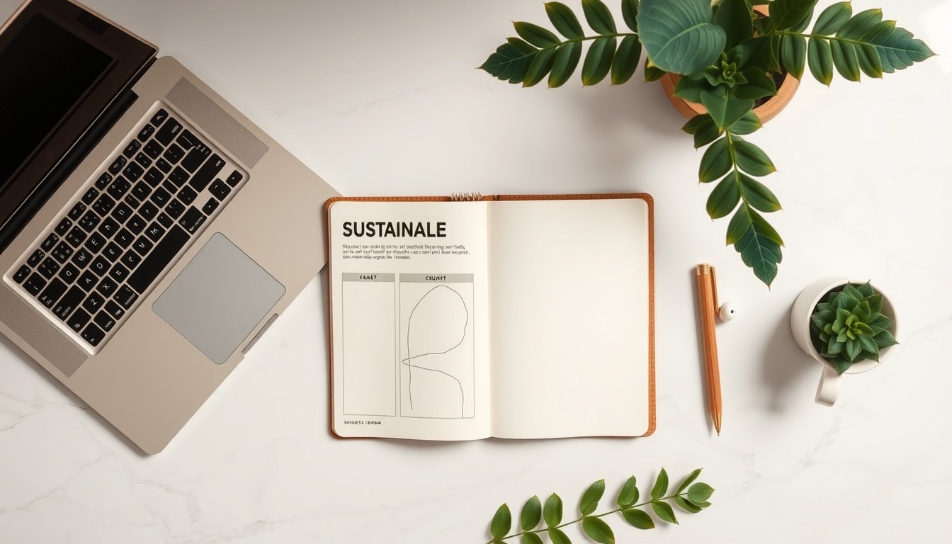 기획특집 숲에서 - flat lay of sustainable forest business concept with green leaves, notebook, and eco-friendly product samples on white desk, overhead view