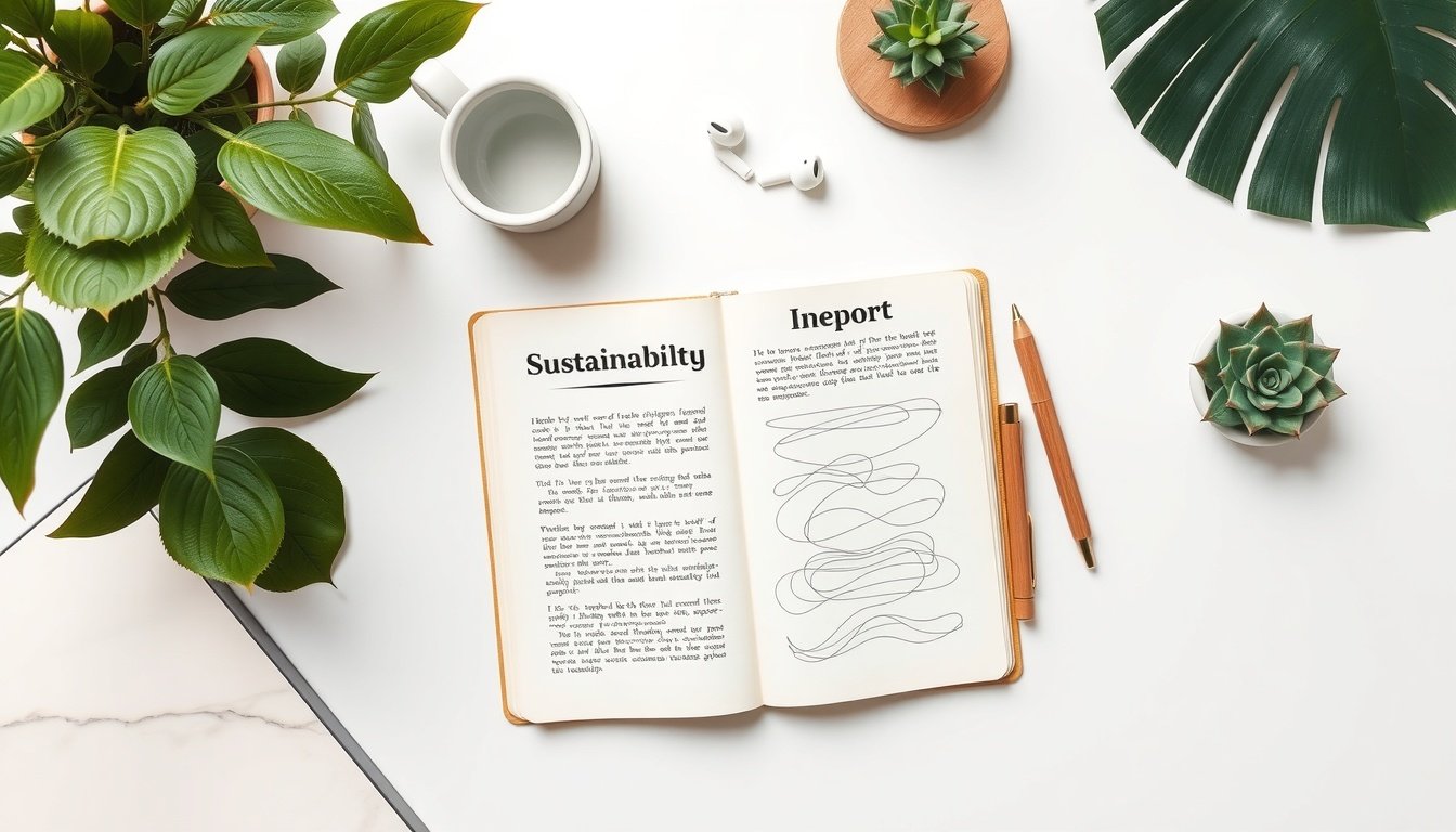 기후부 탈탄소 - flat lay of sustainability report, green leaves and award trophy on white background, decarbonization public service merit Korea