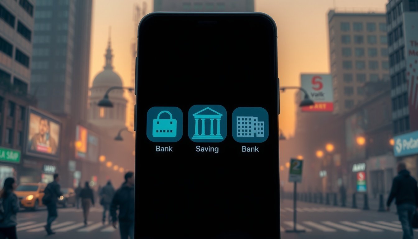 적금 추천 - flat lay of five Korean bank app icons on smartphone screen, savings account comparison concept, overhead view