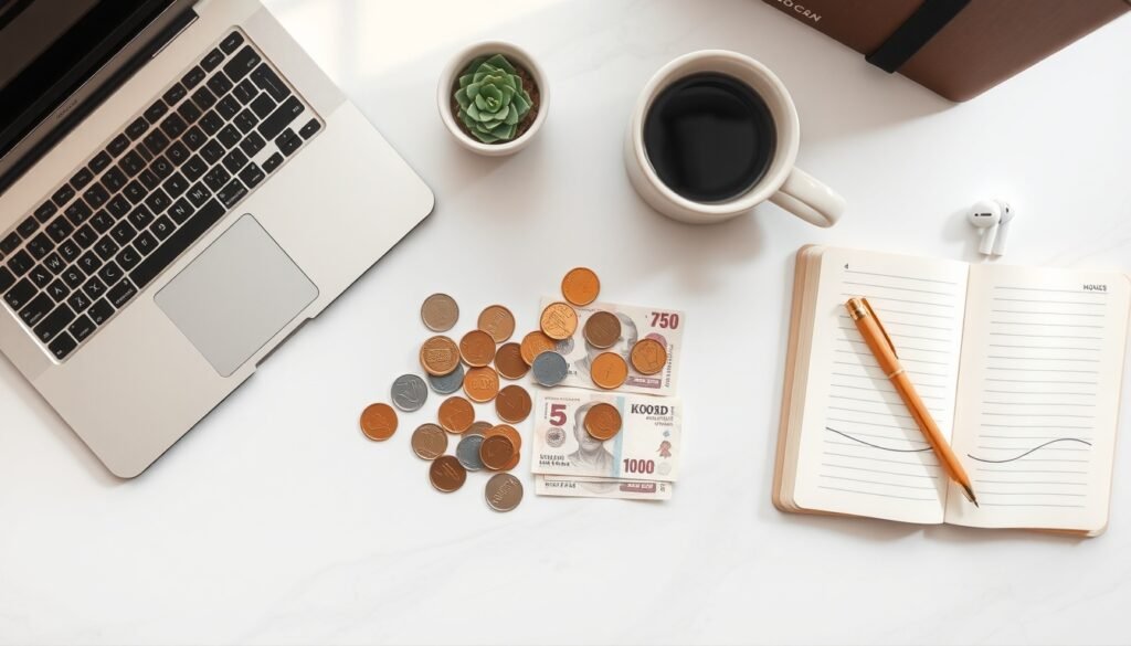 최저시급 - flat lay of Korean won coins and paper money with a clock on white background, minimum wage concept