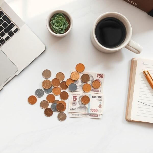 최저시급 - flat lay of Korean won coins and paper money with a clock on white background, minimum wage concept