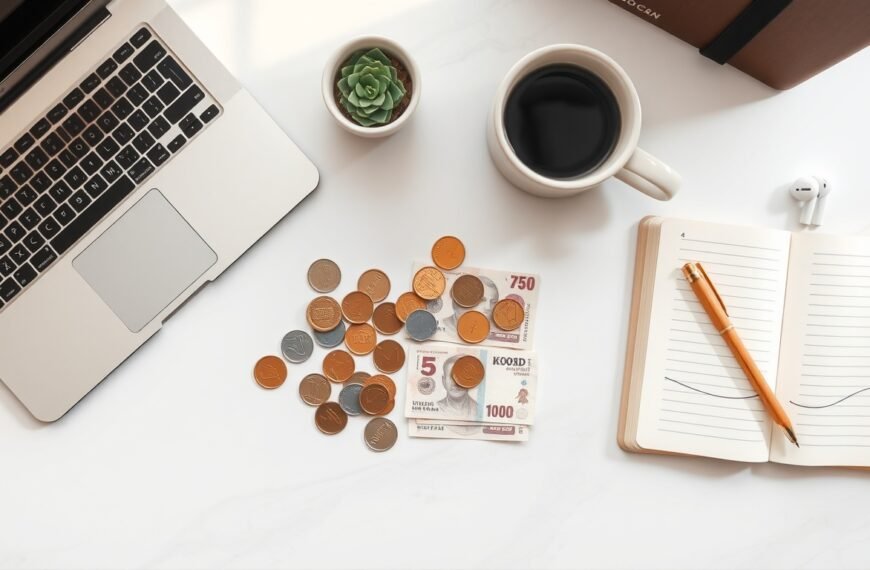 최저시급 - flat lay of Korean won coins and paper money with a clock on white background, minimum wage concept