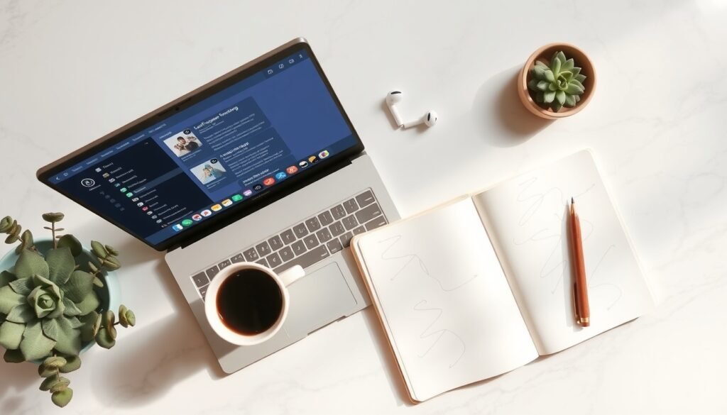 프롬프트 엔지니어링 - flat lay of laptop with ChatGPT interface and notebook on white desk, prompt engineering concept, overhead view
