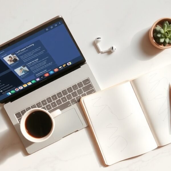 프롬프트 엔지니어링 - flat lay of laptop with ChatGPT interface and notebook on white desk, prompt engineering concept, overhead view